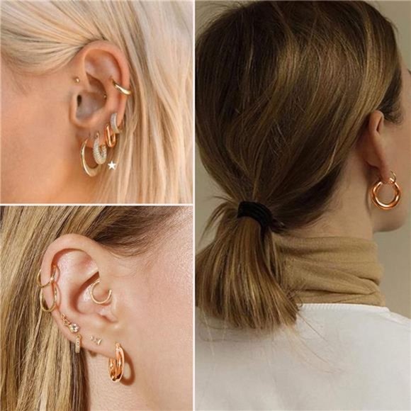 6 Pairs Chunky Gold Hoop Earrings Set for Women 14K Gold Plated Hypoallergenic - Picture 5 of 6